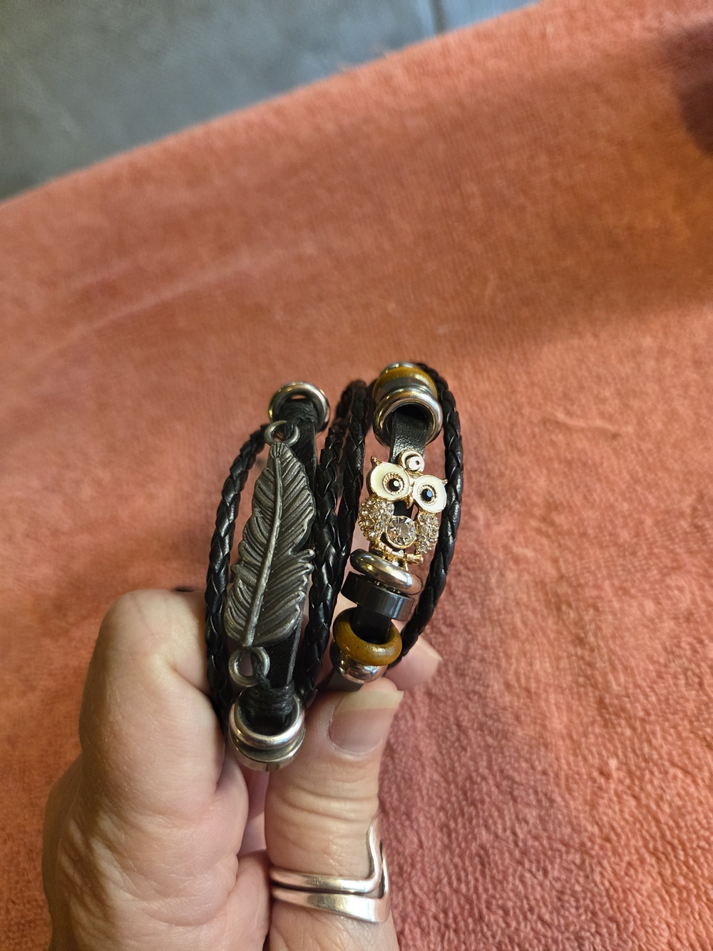 Black Braided Leather Womens Bracelet with Feather and Owl Charms